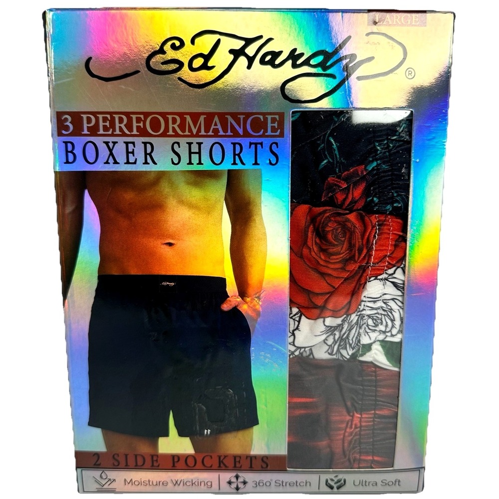 Ed Hardy 4 Pack Boxer Briefs Men's Large 36-38 Skull Dragon Rose Performance NWT